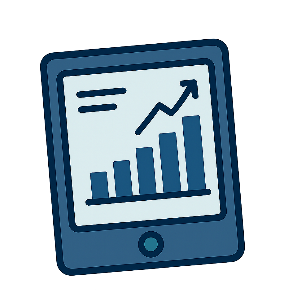 Illustration of a tablet screen showing a rising bar chart and arrow, representing the smart water usage portal.